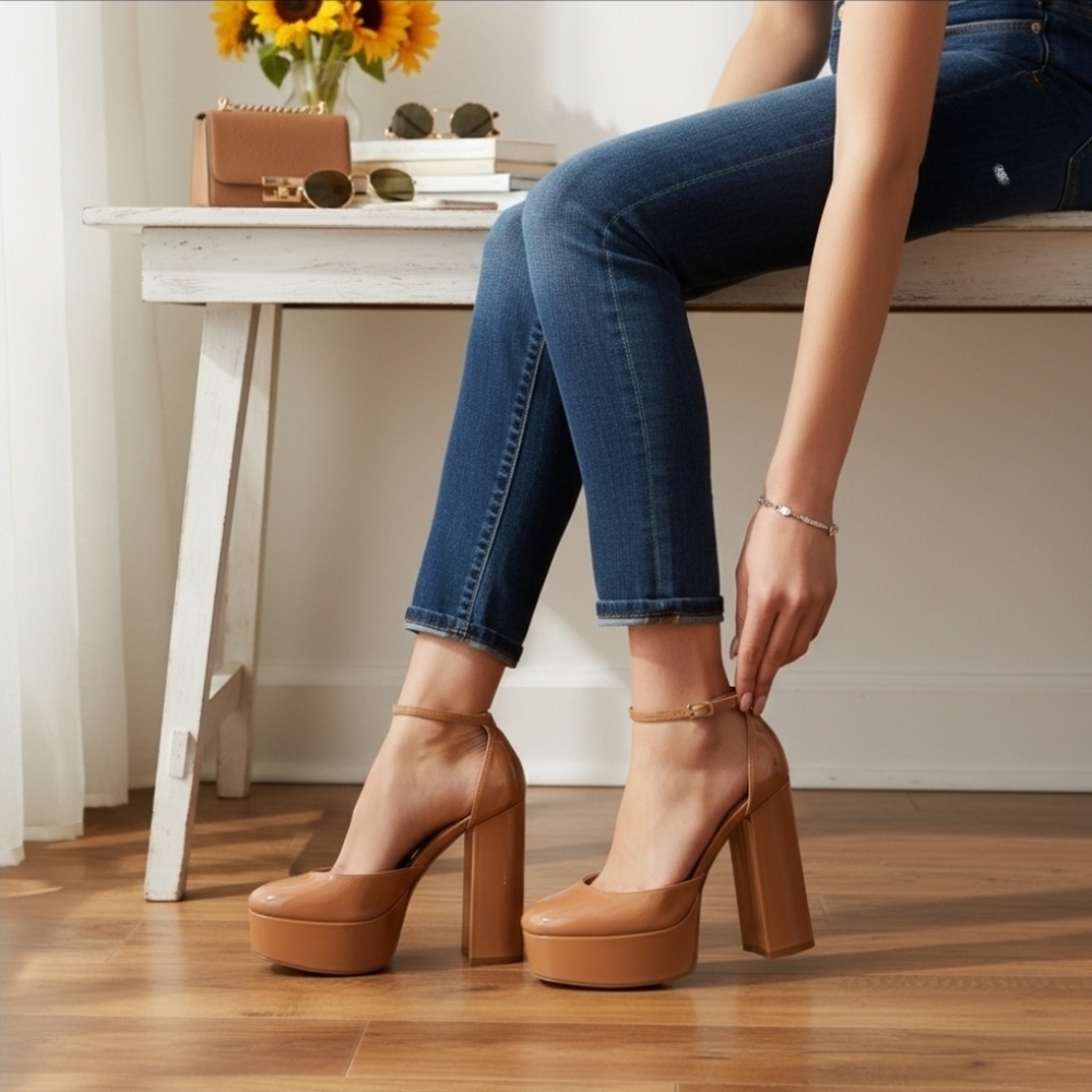 Madden Girl Block Chunky Heel Ankle Strap Platform Camel Caramel Brown SZ 10 M